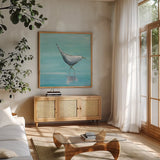 Egret I by Phyllis Adams. Shown in a natural wood frame in a cozy modern living room. Available as an archival giclee rolled canvas, fine art paper, or poster print. SKU 27238a.