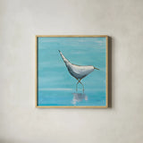 Egret I Bright by Phyllis Adams. Shown in a natural wood glass frame for a timeless modern aesthetic. Available as an archival giclee rolled canvas, fine art paper, or poster print. SKU 27681a.