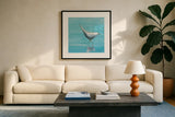 Egret I Bright by Phyllis Adams. Displayed in a glass frame with matte in a clean modern living room. Available as an archival giclee rolled canvas, fine art paper, or poster print. SKU 27681a.