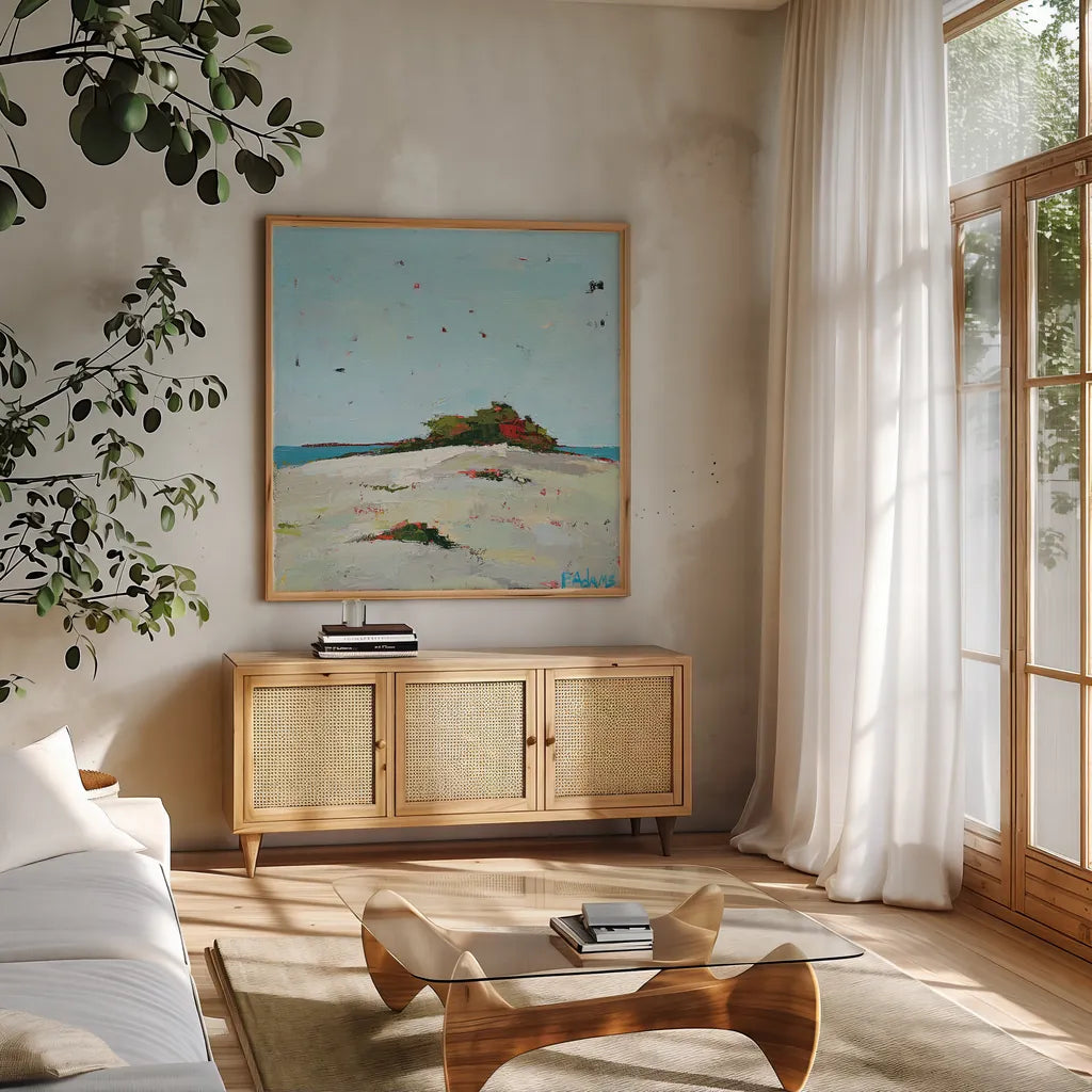 Fall Dune by Phyllis Adams. Shown in a natural wood frame in a cozy modern living room. Available as an archival giclee rolled canvas, fine art paper, or poster print. SKU 27249a.