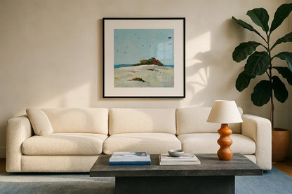 Fall Dune by Phyllis Adams. Displayed in a glass frame with matte in a clean modern living room. Available as an archival giclee rolled canvas, fine art paper, or poster print. SKU 27249a.