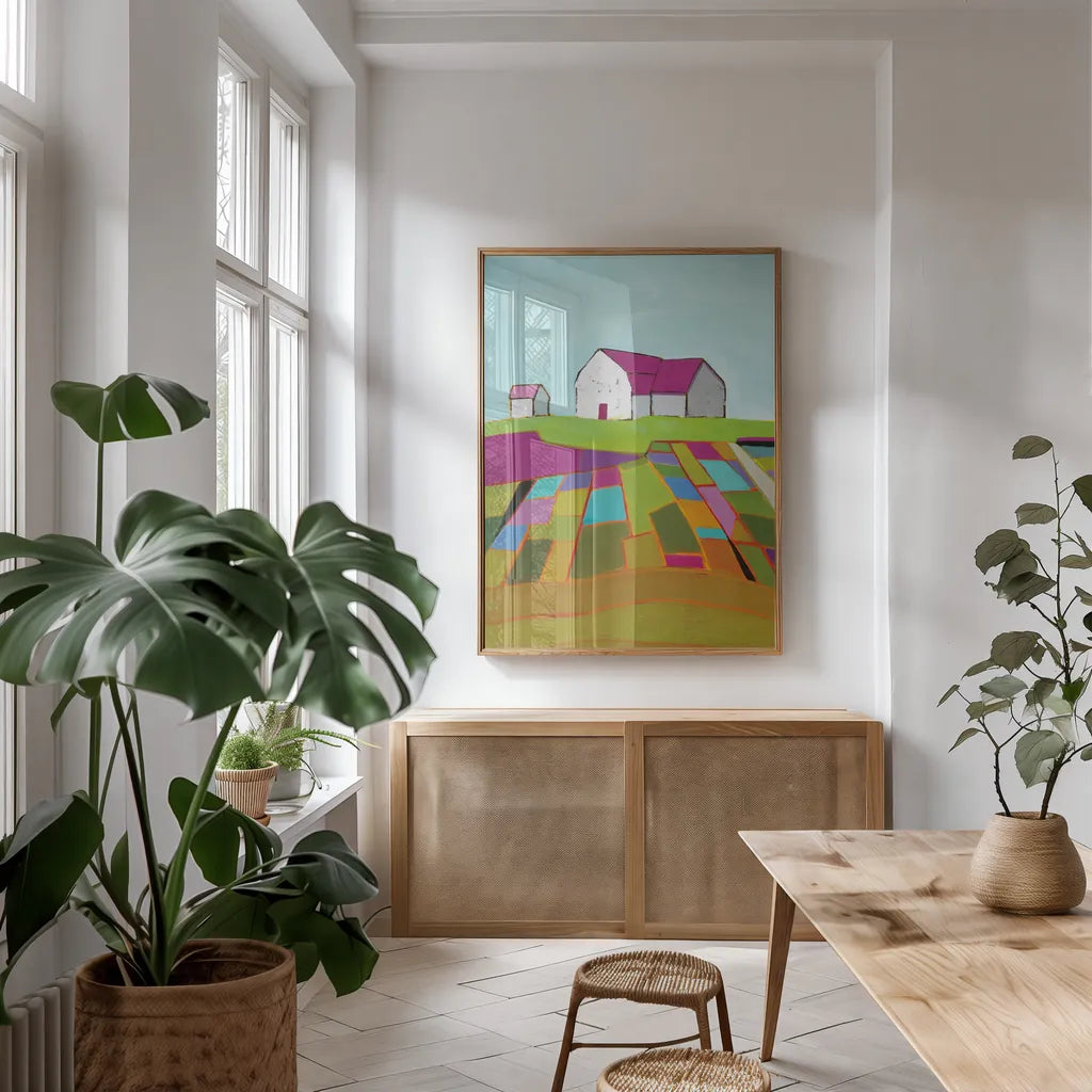 Field of Dreams by Phyllis Adams. shown as a print in a natural wood frame in a dining room. Available as a archival giclee rolled canvas, fine art paper, or poster print. SKU 55133h.