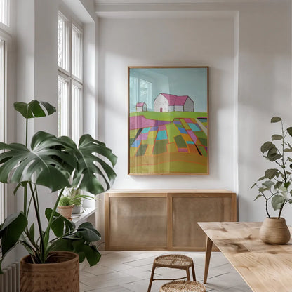 Field of Dreams Light by Phyllis Adams. shown as a print in a natural wood frame in a dining room. Available as a archival giclee rolled canvas, fine art paper, or poster print. SKU 58720h.