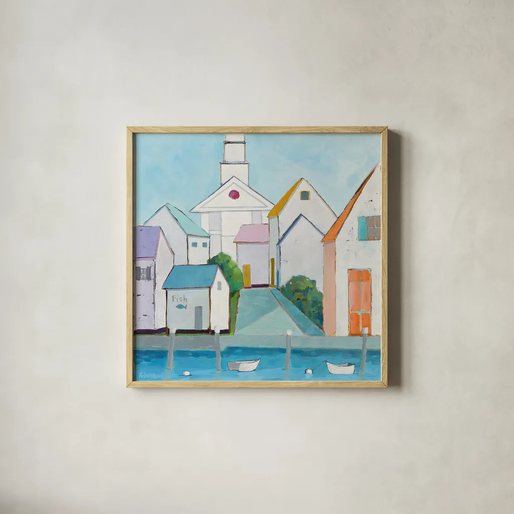 Harbor Town III by Phyllis Adams. Shown in a natural wood glass frame for a timeless modern aesthetic. Available as an archival giclee rolled canvas, fine art paper, or poster print. SKU 27246a.