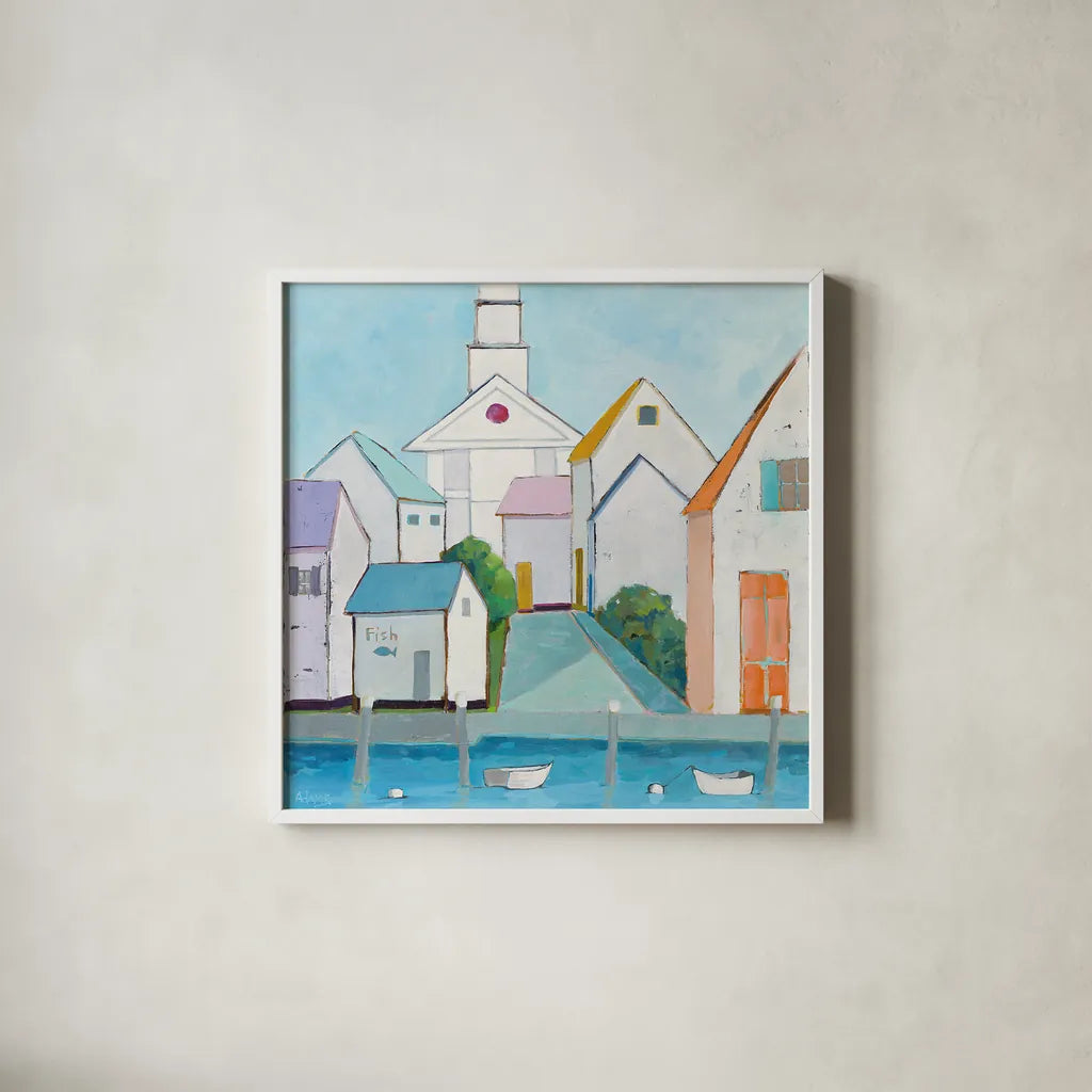 Harbor Town III by Phyllis Adams. Shown in a crisp white glass frame for a clean and minimalist style. Available as an archival giclee rolled canvas, fine art paper, or poster print. SKU 27246a.