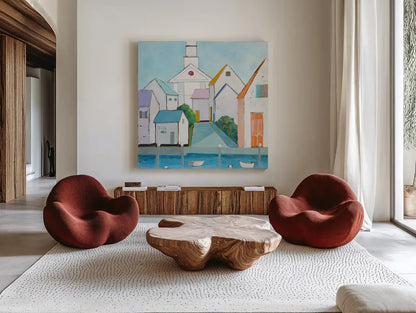 Harbor Town III by Phyllis Adams. Shown as extra-large giant wall art in a modern living room. Available as an archival giclee rolled canvas, fine art paper, or poster print. SKU 27246a.