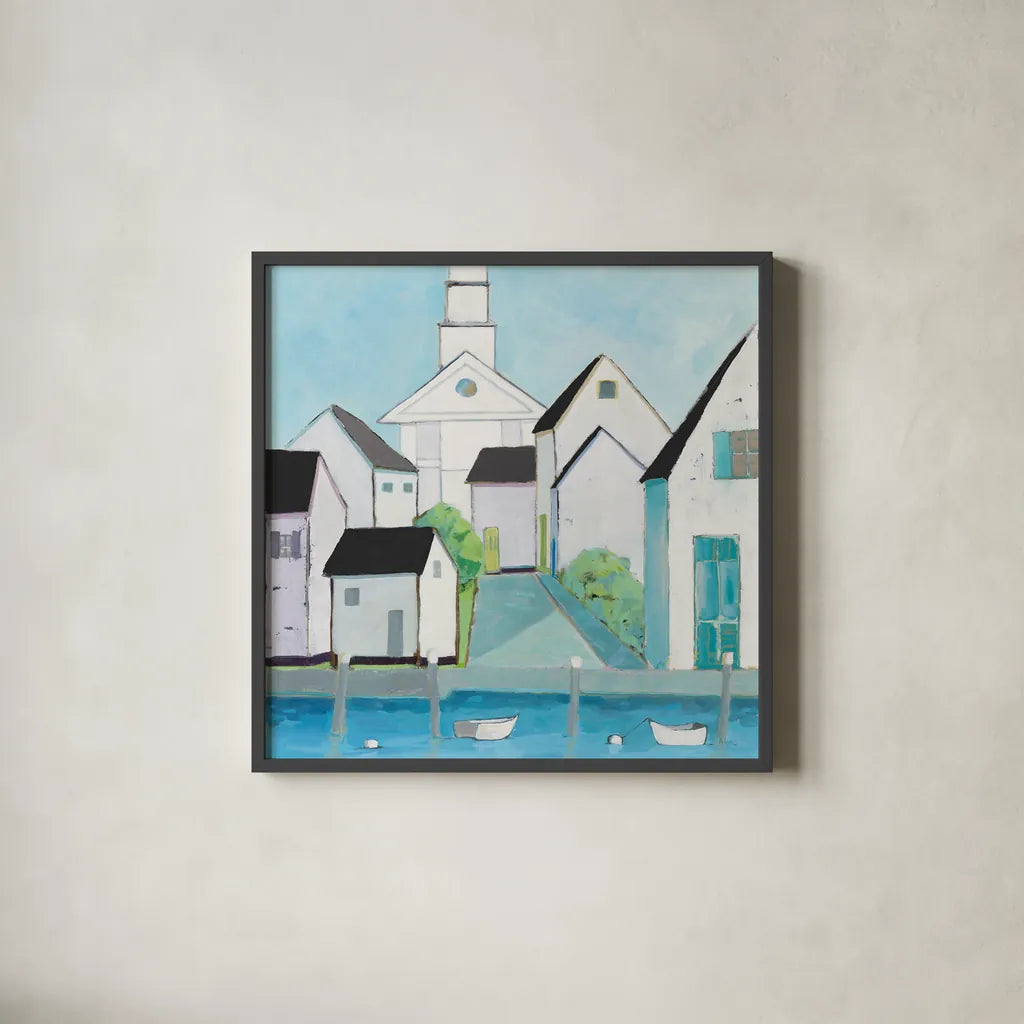 Harbor Town III No Sign Light by Phyllis Adams. Shown in a sleek black glass frame for a contemporary gallery look. Available as an archival giclee rolled canvas, fine art paper, or poster print. SKU 52860a.