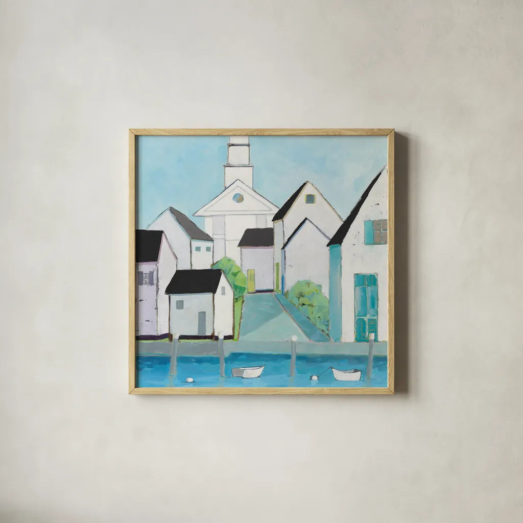 Harbor Town III No Sign Light by Phyllis Adams. Shown in a natural wood glass frame for a timeless modern aesthetic. Available as an archival giclee rolled canvas, fine art paper, or poster print. SKU 52860a.