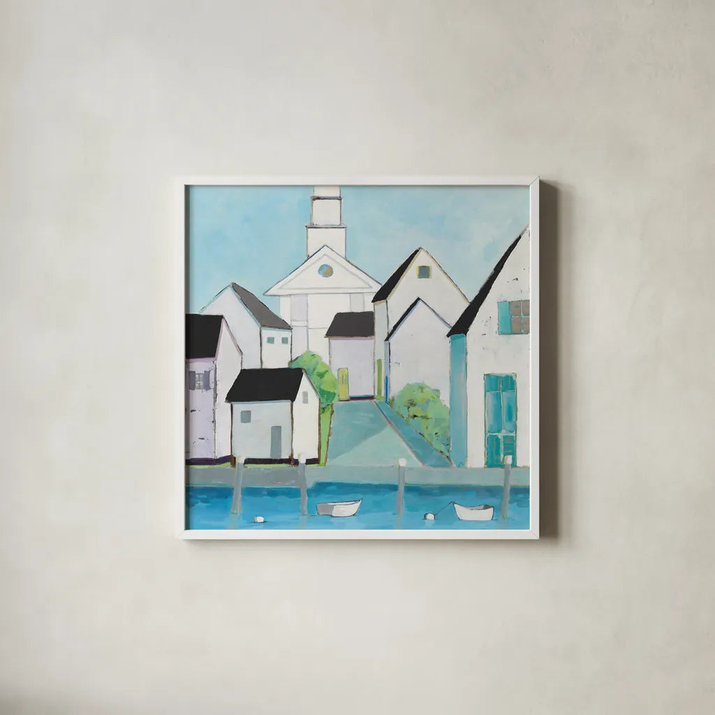 Harbor Town III No Sign Light by Phyllis Adams. Shown in a crisp white glass frame for a clean and minimalist style. Available as an archival giclee rolled canvas, fine art paper, or poster print. SKU 52860a.