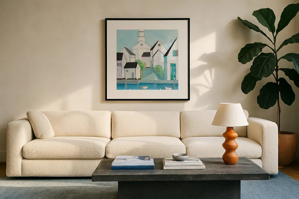 Harbor Town III No Sign Light by Phyllis Adams. Displayed in a glass frame with matte in a clean modern living room. Available as an archival giclee rolled canvas, fine art paper, or poster print. SKU 52860a.