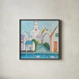Harbor Town III no Sign by Phyllis Adams. Shown in a sleek black glass frame for a contemporary gallery look. Available as an archival giclee rolled canvas, fine art paper, or poster print. SKU 27682a.
