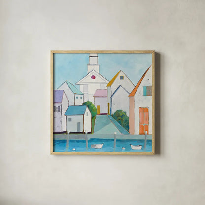 Harbor Town III no Sign by Phyllis Adams. Shown in a natural wood glass frame for a timeless modern aesthetic. Available as an archival giclee rolled canvas, fine art paper, or poster print. SKU 27682a.