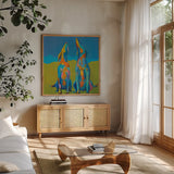 Howling Hounds by Phyllis Adams. Shown in a natural wood frame in a cozy modern living room. Available as an archival giclee rolled canvas, fine art paper, or poster print. SKU 27251a.