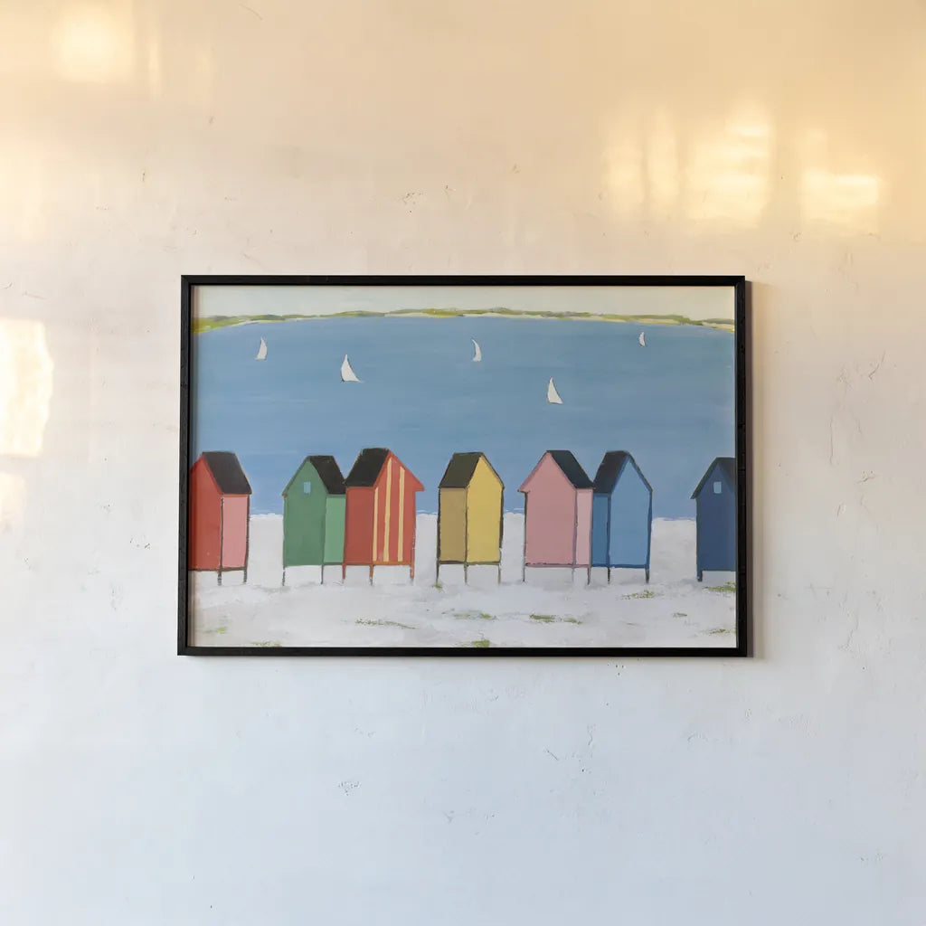 Kitschy Cabanas I by Phyllis Adams. shown as a paper print in a black flame. Available as a archival giclee rolled canvas, fine art paper, or poster print. SKU 88628i.