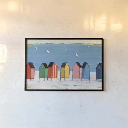 Kitschy Cabanas I by Phyllis Adams. shown as a paper print in a black flame. Available as a archival giclee rolled canvas, fine art paper, or poster print. SKU 88628i.