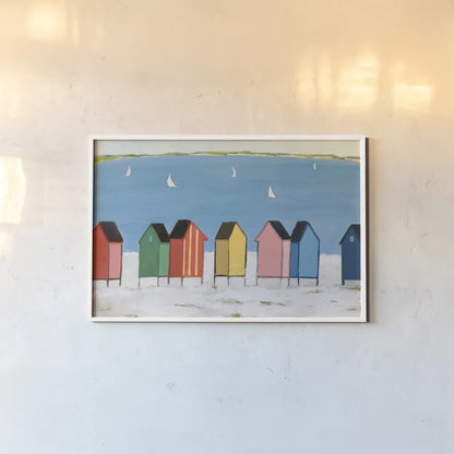 Kitschy Cabanas I by Phyllis Adams. shown as a paper print in a white frame. Available as a archival giclee rolled canvas, fine art paper, or poster print. SKU 88628i.