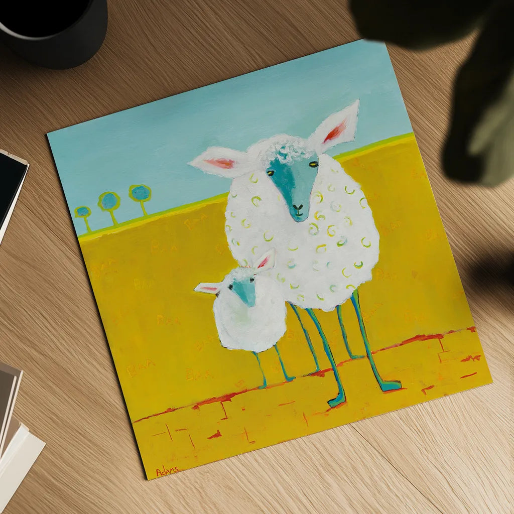Mama and Baby Sheep by Phyllis Adams. Shown as a detailed flat fine art print, highlighting archival giclee quality. Available as an archival giclee rolled canvas, fine art paper, or poster print. SKU 27255a.