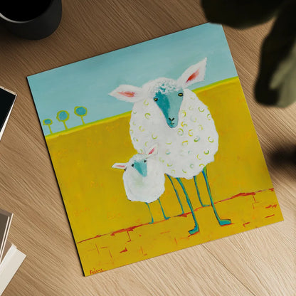 Mama and Baby Sheep by Phyllis Adams. Shown as a detailed flat fine art print, highlighting archival giclee quality. Available as an archival giclee rolled canvas, fine art paper, or poster print. SKU 27255a.