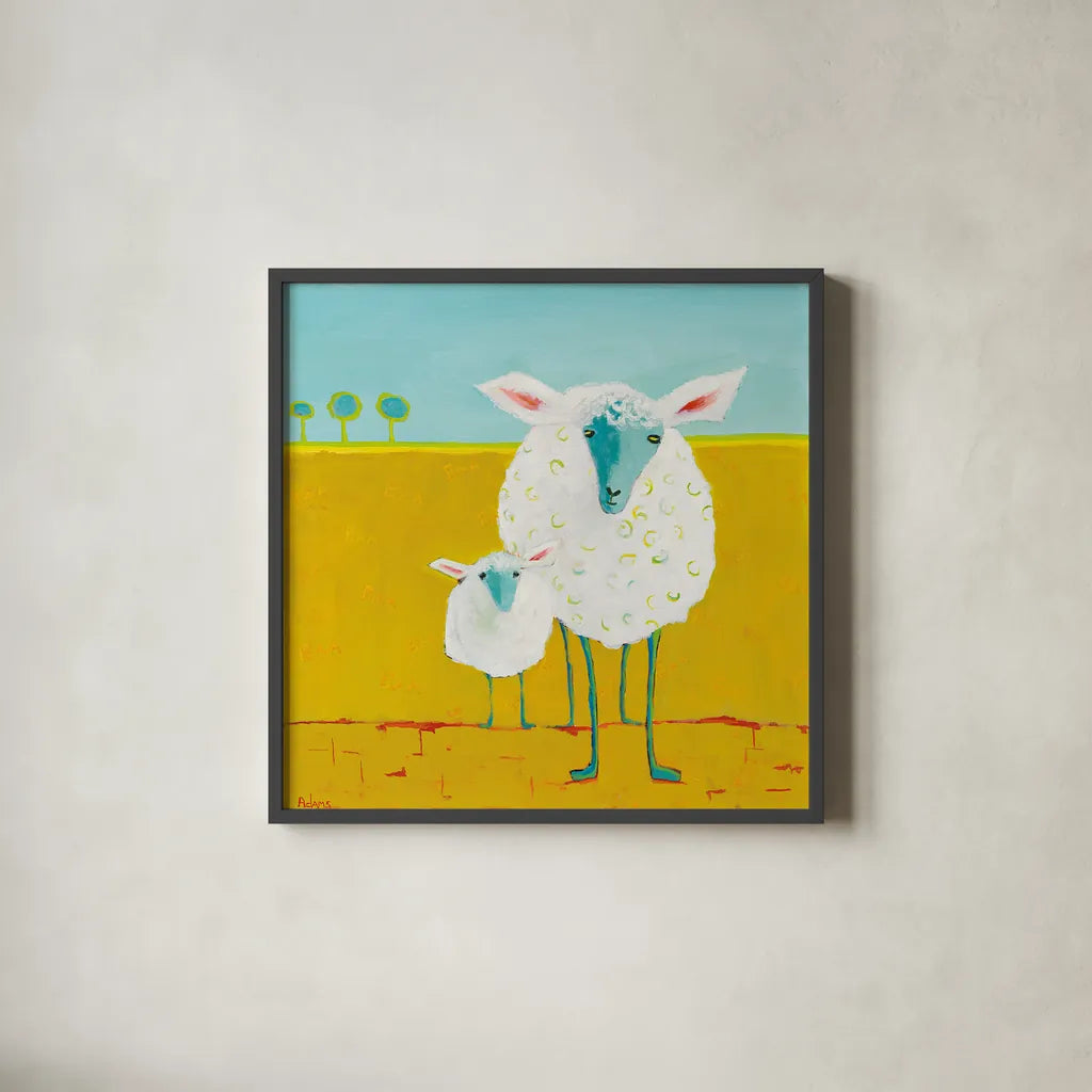 Mama and Baby Sheep by Phyllis Adams. Shown in a sleek black glass frame for a contemporary gallery look. Available as an archival giclee rolled canvas, fine art paper, or poster print. SKU 27255a.