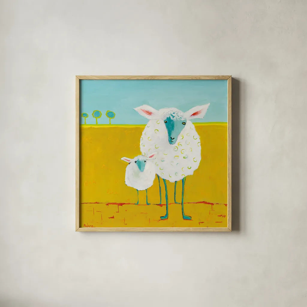 Mama and Baby Sheep by Phyllis Adams. Shown in a natural wood glass frame for a timeless modern aesthetic. Available as an archival giclee rolled canvas, fine art paper, or poster print. SKU 27255a.
