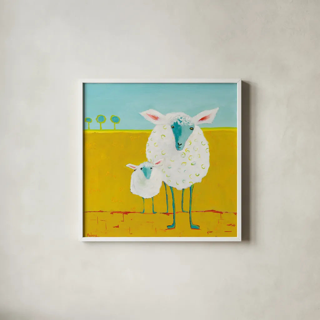 Mama and Baby Sheep by Phyllis Adams. Shown in a crisp white glass frame for a clean and minimalist style. Available as an archival giclee rolled canvas, fine art paper, or poster print. SKU 27255a.