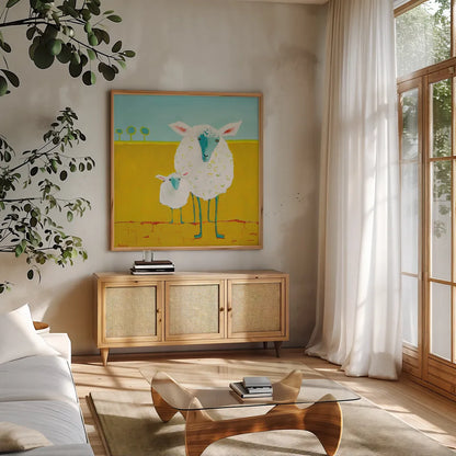 Mama and Baby Sheep by Phyllis Adams. Shown in a natural wood frame in a cozy modern living room. Available as an archival giclee rolled canvas, fine art paper, or poster print. SKU 27255a.