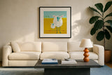 Mama and Baby Sheep by Phyllis Adams. Displayed in a glass frame with matte in a clean modern living room. Available as an archival giclee rolled canvas, fine art paper, or poster print. SKU 27255a.