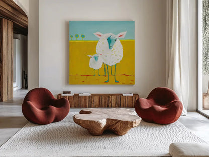 Mama and Baby Sheep by Phyllis Adams. Shown as extra-large giant wall art in a modern living room. Available as an archival giclee rolled canvas, fine art paper, or poster print. SKU 27255a.