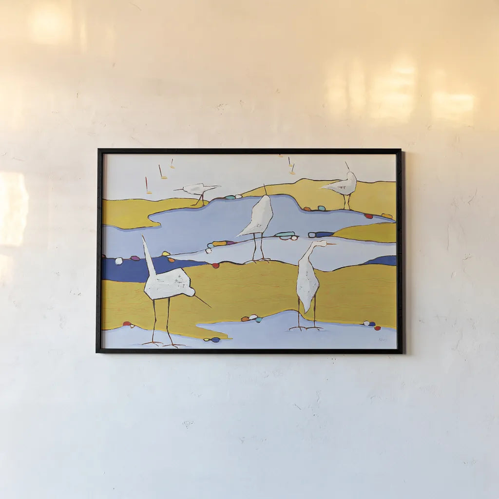 Marsh Egrets VI by Phyllis Adams. shown as a paper print in a black flame. Available as a archival giclee rolled canvas, fine art paper, or poster print. SKU 27235i.