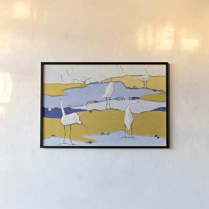 Marsh Egrets VI by Phyllis Adams. shown as a paper print in a black flame. Available as a archival giclee rolled canvas, fine art paper, or poster print. SKU 27235i.