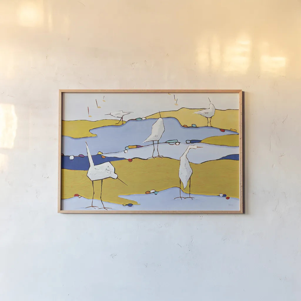 Marsh Egrets VI by Phyllis Adams. shown as a paper print in a natural frame. Available as a archival giclee rolled canvas, fine art paper, or poster print. SKU 27235i.