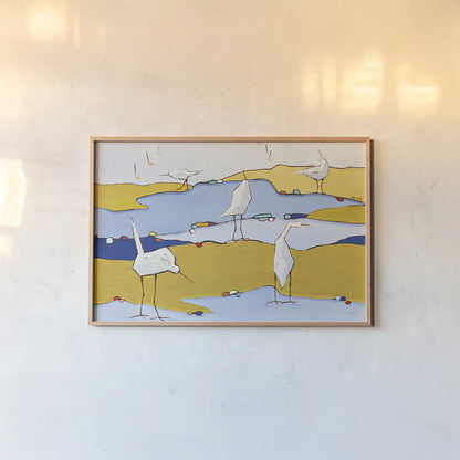 Marsh Egrets VI by Phyllis Adams. shown as a paper print in a natural frame. Available as a archival giclee rolled canvas, fine art paper, or poster print. SKU 27235i.