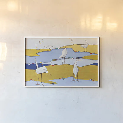 Marsh Egrets VI by Phyllis Adams. shown as a paper print in a white frame. Available as a archival giclee rolled canvas, fine art paper, or poster print. SKU 27235i.