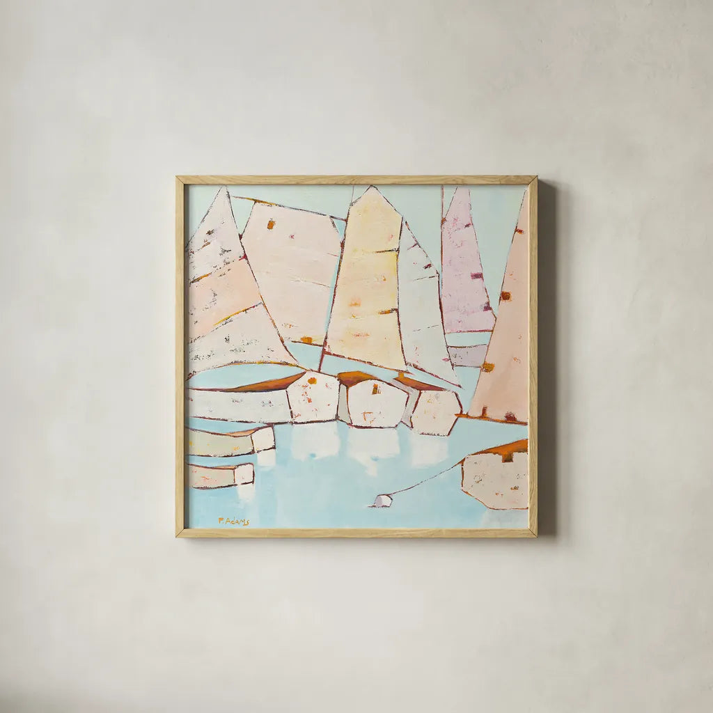 Moored by Phyllis Adams. Shown in a natural wood glass frame for a timeless modern aesthetic. Available as an archival giclee rolled canvas, fine art paper, or poster print. SKU 27232a.