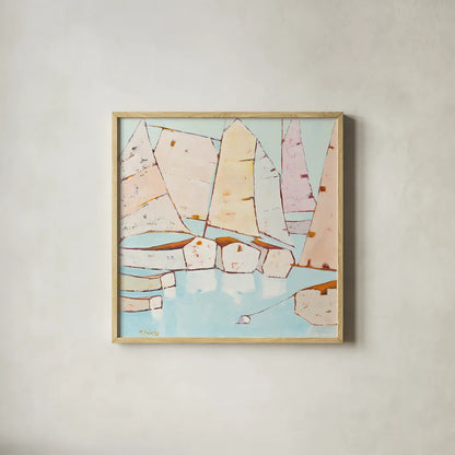 Moored by Phyllis Adams. Shown in a natural wood glass frame for a timeless modern aesthetic. Available as an archival giclee rolled canvas, fine art paper, or poster print. SKU 27232a.