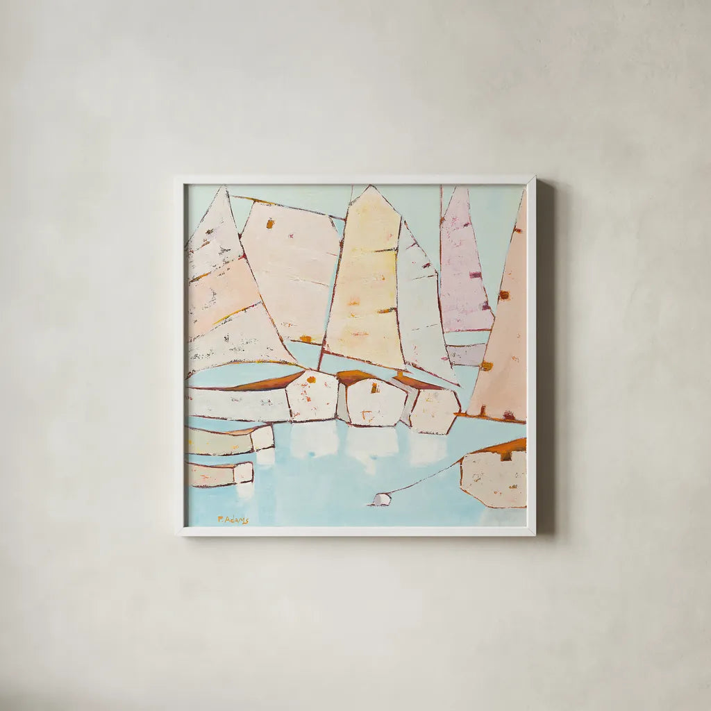 Moored by Phyllis Adams. Shown in a crisp white glass frame for a clean and minimalist style. Available as an archival giclee rolled canvas, fine art paper, or poster print. SKU 27232a.