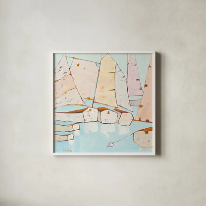 Moored by Phyllis Adams. Shown in a crisp white glass frame for a clean and minimalist style. Available as an archival giclee rolled canvas, fine art paper, or poster print. SKU 27232a.