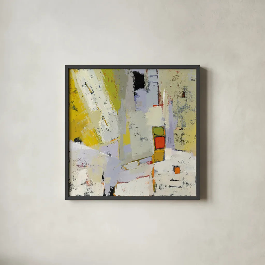 On the Sunnyside of the Street by Phyllis Adams. Shown in a sleek black glass frame for a contemporary gallery look. Available as an archival giclee rolled canvas, fine art paper, or poster print. SKU 37286a.