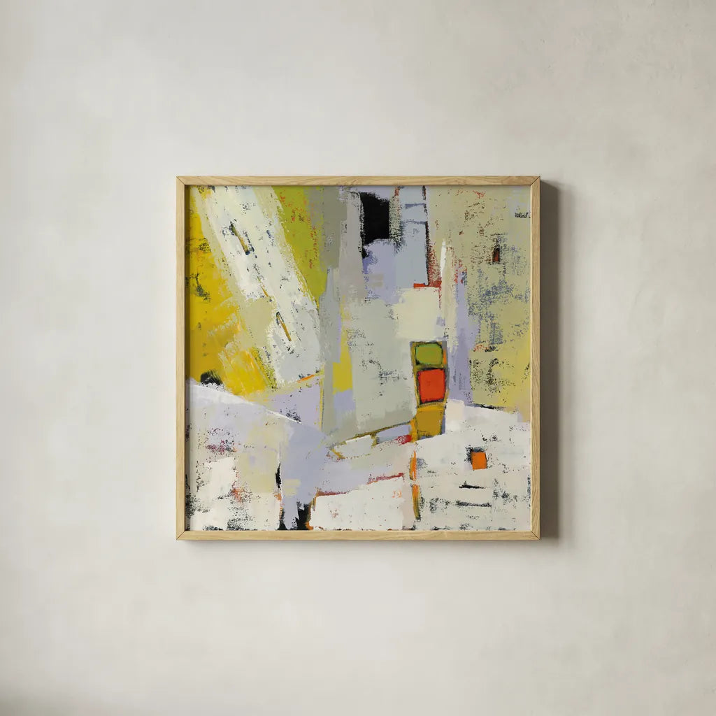 On the Sunnyside of the Street by Phyllis Adams. Shown in a natural wood glass frame for a timeless modern aesthetic. Available as an archival giclee rolled canvas, fine art paper, or poster print. SKU 37286a.