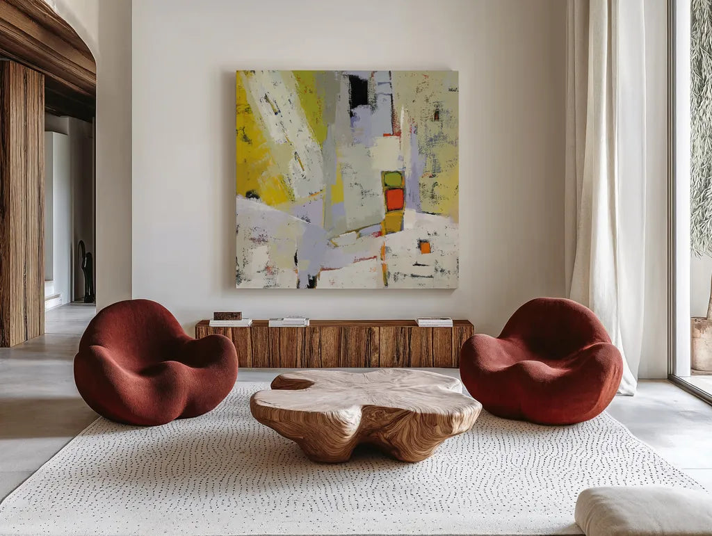 On the Sunnyside of the Street by Phyllis Adams. Shown as extra-large giant wall art in a modern living room. Available as an archival giclee rolled canvas, fine art paper, or poster print. SKU 37286a.
