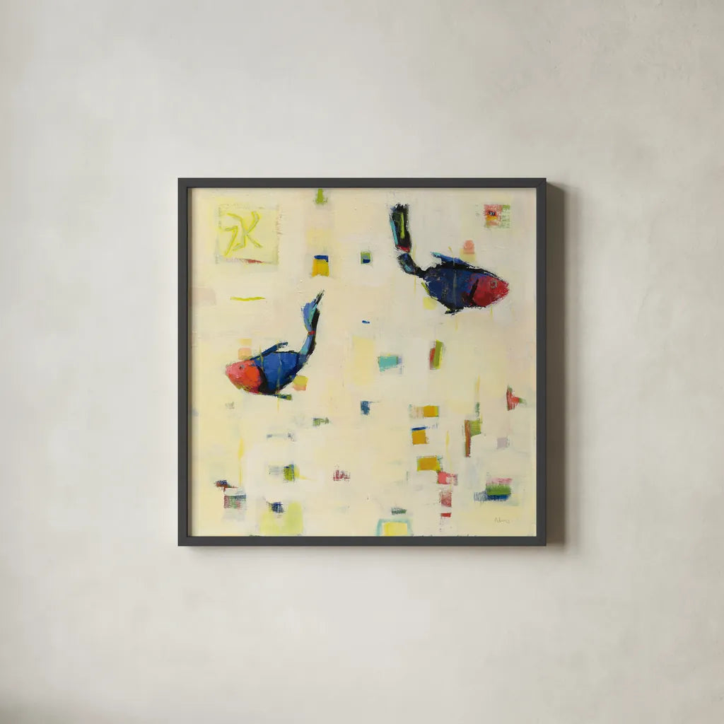 One Fish Two Fish by Phyllis Adams. Shown in a sleek black glass frame for a contemporary gallery look. Available as an archival giclee rolled canvas, fine art paper, or poster print. SKU 27243a.