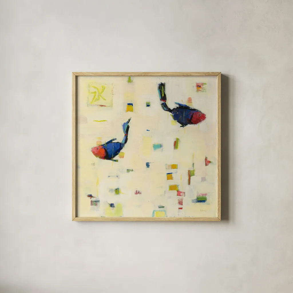 One Fish Two Fish by Phyllis Adams. Shown in a natural wood glass frame for a timeless modern aesthetic. Available as an archival giclee rolled canvas, fine art paper, or poster print. SKU 27243a.