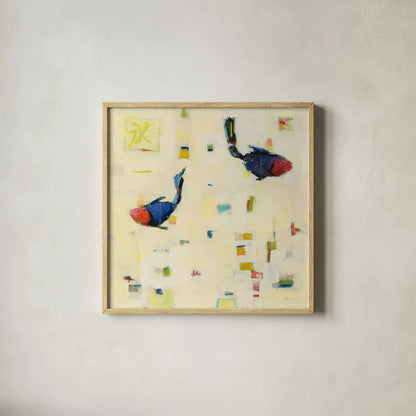 One Fish Two Fish by Phyllis Adams. Shown in a natural wood glass frame for a timeless modern aesthetic. Available as an archival giclee rolled canvas, fine art paper, or poster print. SKU 27243a.
