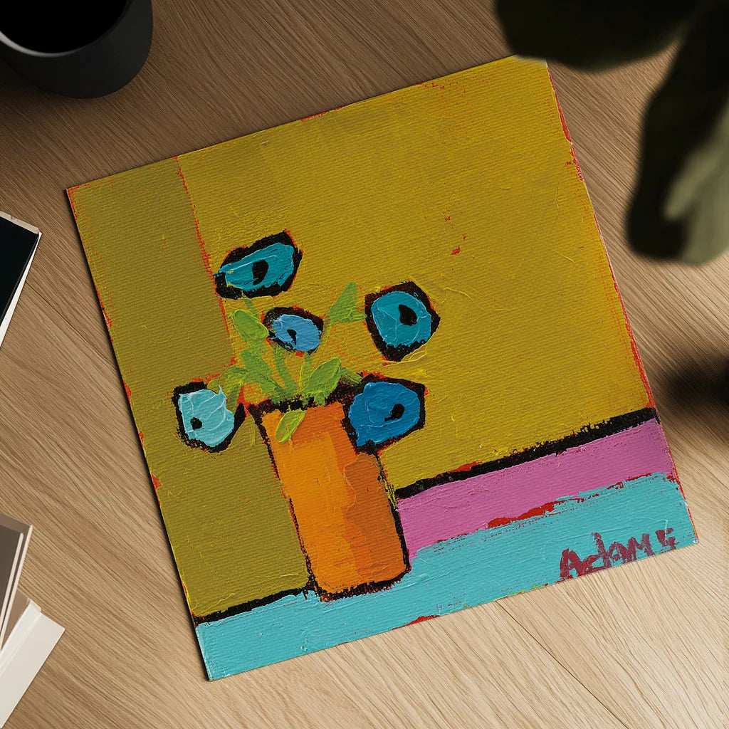 Orange Vase by Phyllis Adams. Shown as a detailed flat fine art print, highlighting archival giclee quality. Available as an archival giclee rolled canvas, fine art paper, or poster print. SKU 27316a.