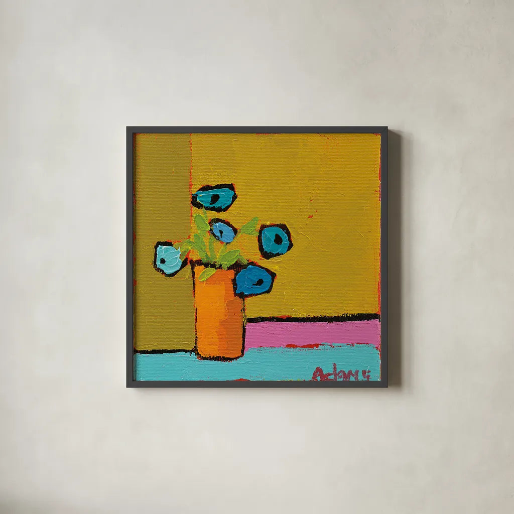 Orange Vase by Phyllis Adams. Shown in a sleek black glass frame for a contemporary gallery look. Available as an archival giclee rolled canvas, fine art paper, or poster print. SKU 27316a.