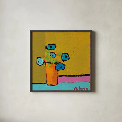 Orange Vase by Phyllis Adams. Shown in a sleek black glass frame for a contemporary gallery look. Available as an archival giclee rolled canvas, fine art paper, or poster print. SKU 27316a.