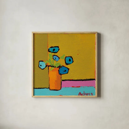 Orange Vase by Phyllis Adams. Shown in a natural wood glass frame for a timeless modern aesthetic. Available as an archival giclee rolled canvas, fine art paper, or poster print. SKU 27316a.