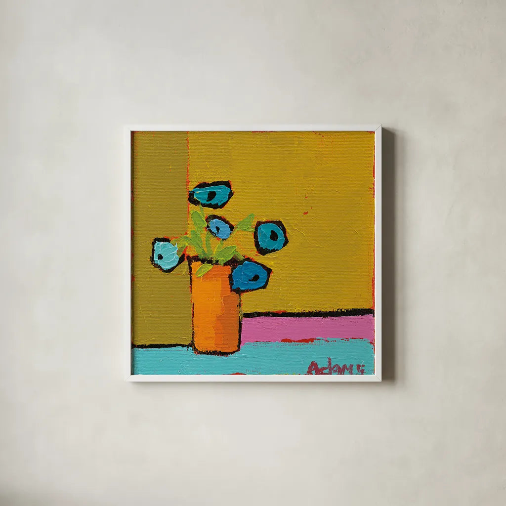 Orange Vase by Phyllis Adams. Shown in a crisp white glass frame for a clean and minimalist style. Available as an archival giclee rolled canvas, fine art paper, or poster print. SKU 27316a.