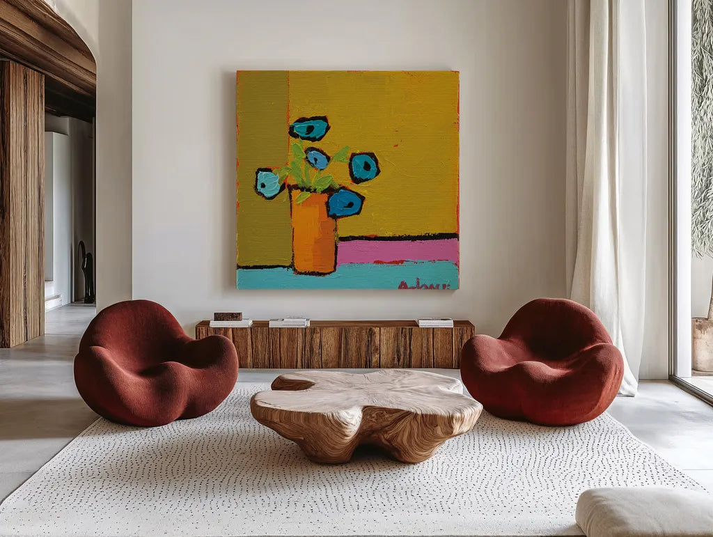 Orange Vase by Phyllis Adams. Shown as extra-large giant wall art in a modern living room. Available as an archival giclee rolled canvas, fine art paper, or poster print. SKU 27316a.