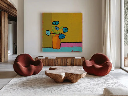 Orange Vase by Phyllis Adams. Shown as extra-large giant wall art in a modern living room. Available as an archival giclee rolled canvas, fine art paper, or poster print. SKU 27316a.